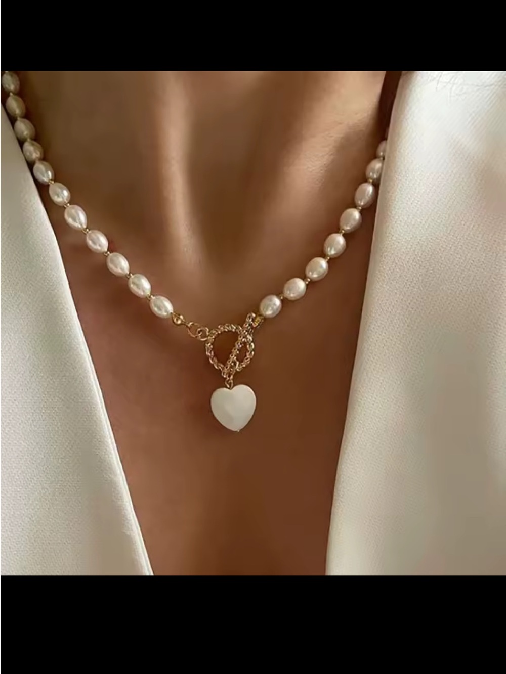 Gold Pearl Necklace with White Heart Pendant
